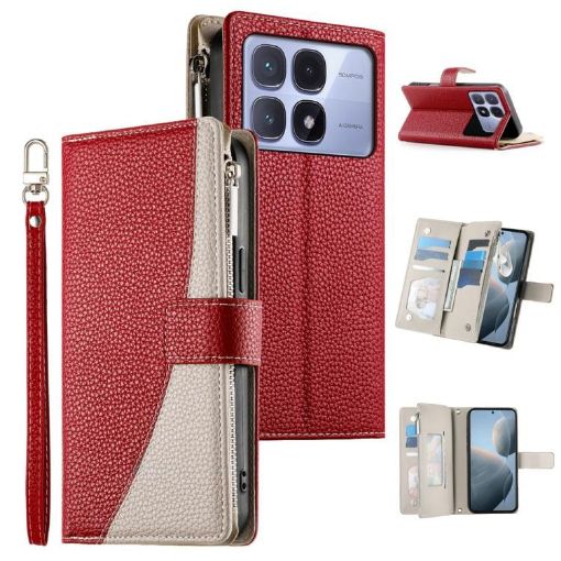 Red Leather Wallet Phone Case for Redmi K70 Ultra with Strap - 1