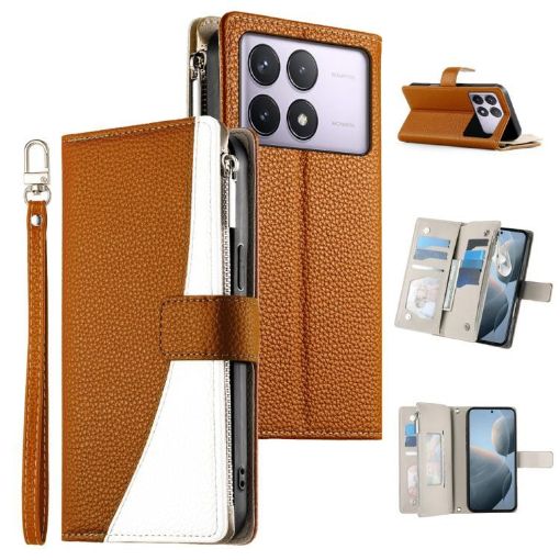 Redmi K70/K70 Pro/Poco F6 Pro Brown Leather Wallet Phone Case with Strap - 1