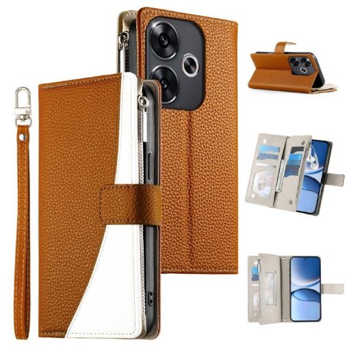 Redmi Turbo 3/Poco F6 Brown Leather Wallet Phone Case with Strap - 1