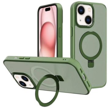 iPhone 15 Dark Green Metal Lens Frame MagSafe Holder Frosted Case - 1