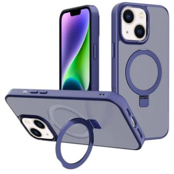 iPhone 14 Navy Blue Metal Lens Frame MagSafe Holder Frosted PC Case - 1