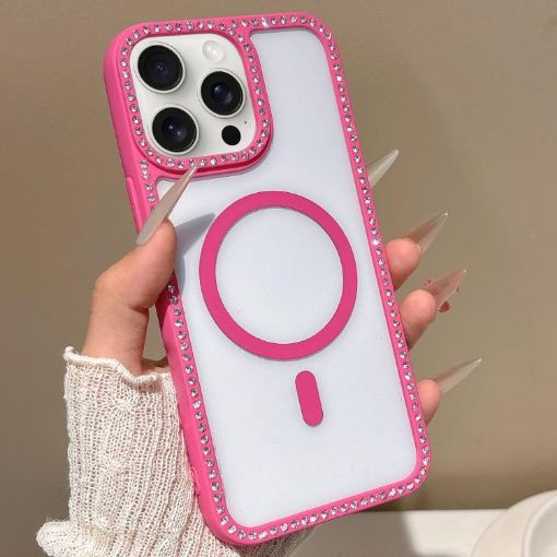 iPhone 15 Pro Max Rhinestone Frame MagSafe Case Rose Gold Large Lens - 1