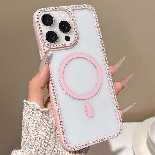 iPhone 15 Pro Pink Rhinestone Frame MagSafe Case with Large Lens Hole - 1