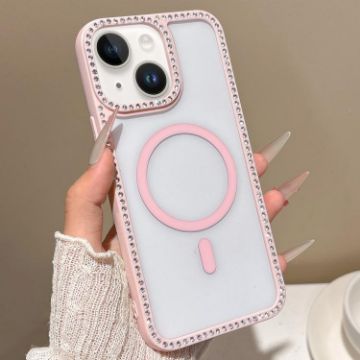 iPhone 14 Pink MagSafe Case with Large Lens Hole & Rhinestone Frame - 1