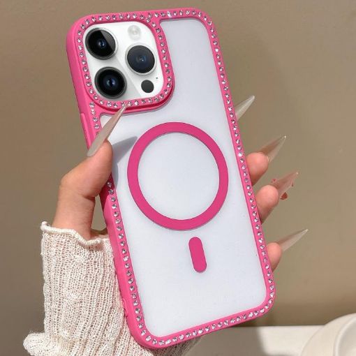 iPhone 14 Pro MagSafe Case with Large Lens Hole & Rhinestone Frame - Rose Gold - 1