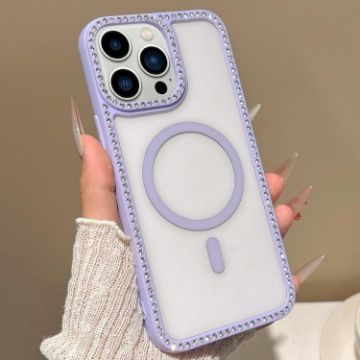 iPhone 13 Pro MagSafe Case Purple with Large Lens Hole Rhinestone Frame - 1