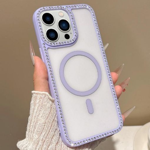 iPhone 13 Pro MagSafe Case Purple with Large Lens Hole Rhinestone Frame - 1