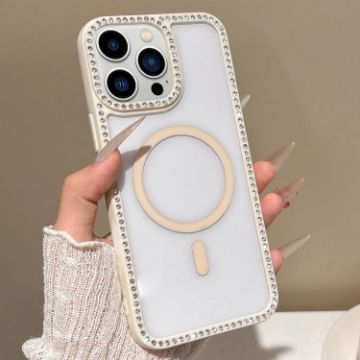 iPhone 12 Pro Max Rhinestone Frame MagSafe Case Beige Large Lens Hole - 1