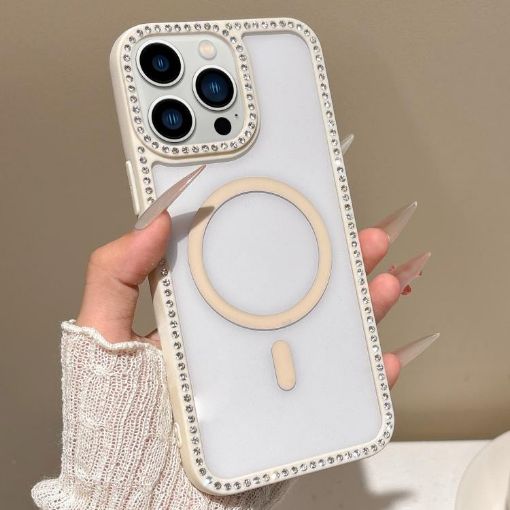 iPhone 12 Pro Max Rhinestone Frame MagSafe Case Beige Large Lens Hole - 1