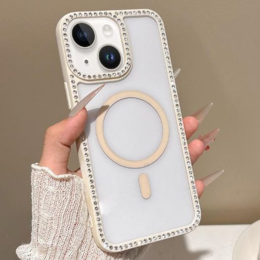 iPhone 15 Plus Rhinestone Frame MagSafe Case Beige Large Lens Hole - 1