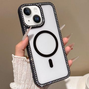 iPhone 14 Plus Rhinestone Frame MagSafe Case with Large Lens Hole - Black - 1
