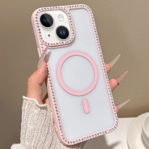 iPhone 13 mini Pink Rhinestone Frame MagSafe Case with Large Lens Hole - 1