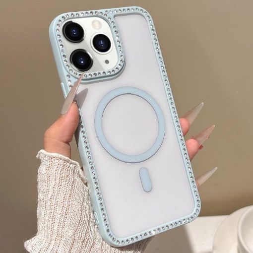 iPhone 11 Pro Max MagSafe Case with Large Lens Hole & Rhinestone Frame - Blue - 1