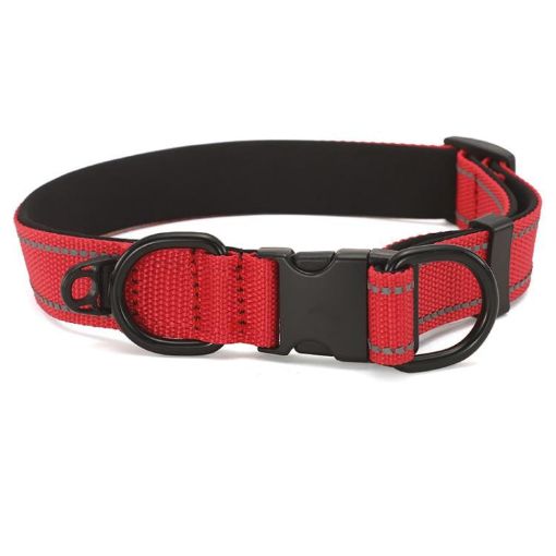 Reflective Pet Collar, Waterproof Cloth, Black Buckle, Size M, Red - 1