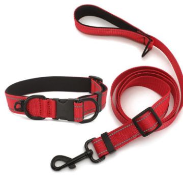 Reflective Pet Collar & Leash Set, Waterproof, Black Buckle, Size L, Red - 1