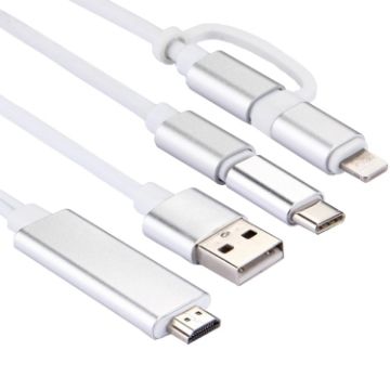 3 in 1 Micro USB, 8 Pin & Type-C to HDMI Adapter Cable - Silver, 1080P HD - 1