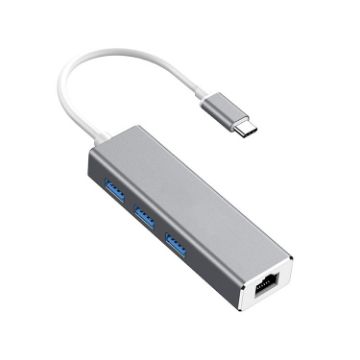 USB-C to Ethernet & 3 USB 3.0 Hub Adapter for Computer/Tablet/Phone (Grey) - 1