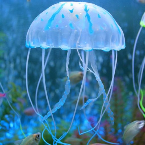 Blue Silicone Jellyfish Aquarium Decoration - 8x20cm Fluorescent Sucker - 1