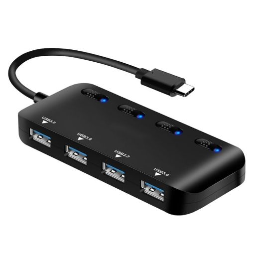 High Speed USB 3.0 to USB-C HUB with Switch - 4 Ports, Black - 1