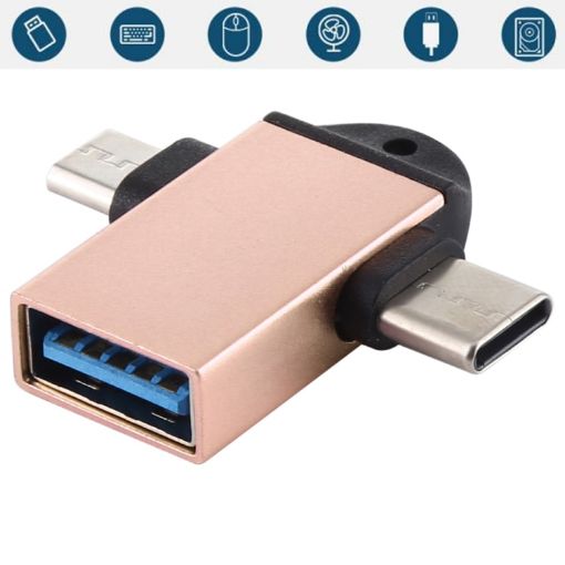 USB 3.0 Female to USB-C/Micro USB Male OTG Adapter with Sling Hole Gold - 1