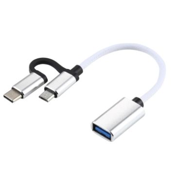 USB 3.0 Female to Micro USB & USB-C OTG Adapter Cable, 11cm, White - 1
