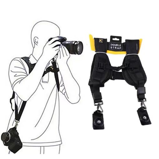 Quick Double Shoulder Belt Strap for 2 DSLR Cameras - Safe & Fast (Black) - 1