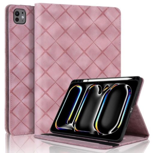 iPad Pro 13 2024 Pink Rhombus Embossed Leather Tablet Case - 1
