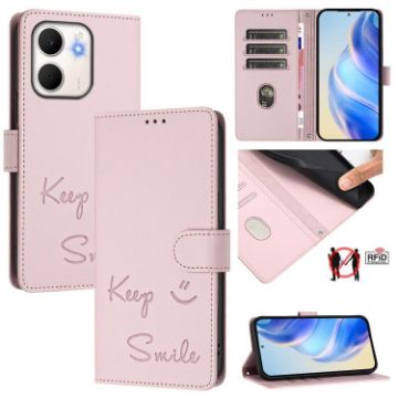 OPPO A5x 5G/4G Global Pink RFID Leather Phone Case - Smile Embossing - 1
