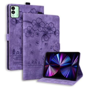 Tecno MegaPad 11 Purple Cartoon Sakura Cat Leather Tablet Case - 1
