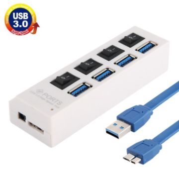 4 Ports USB 3.0 HUB, 5Gbps, Plug & Play, Supports 1TB - White - 1