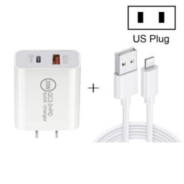 20W PD Type-C + QC 3.0 Fast Charger with USB to 8 Pin Cable US Plug - 1