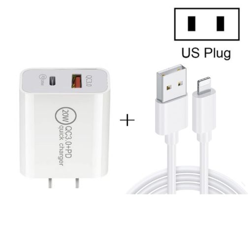20W PD Type-C + QC 3.0 Fast Charger with USB to 8 Pin Cable US Plug - 1