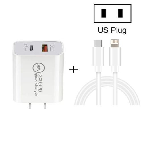 20W PD Type-C + QC 3.0 Fast Charger with USB-C to 8 Pin Cable US Plug - 1