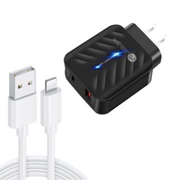 PD03 20W USB Charger with USB to 8 Pin Cable, US Plug, Black - 1