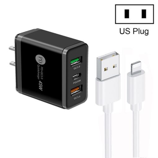45W PD25W + 2x QC3.0 USB Charger with USB to 8 Pin Cable, US Plug, Black - 1