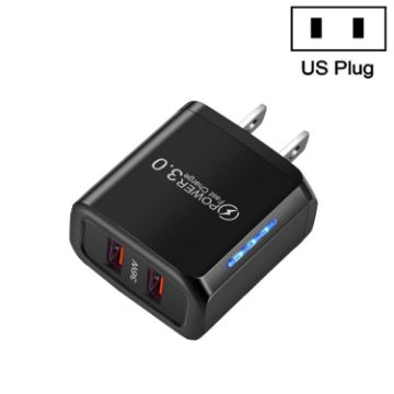 36W Dual Port QC3.0 USB Charger, Dual 18W Output, US Plug, Black - 1