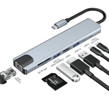 JUNSUNMAY 8 in 1 Type-C Dock: 4K HDMI, Ethernet, PD Charge, SD/TF Reader - 1