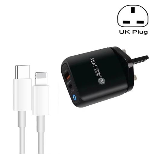PD04 Type-C + USB Charger with Type-C to 8 Pin Cable, UK Plug (Black) - 1