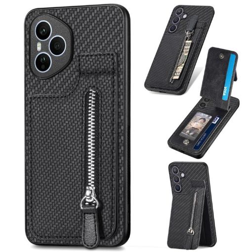 For Honor 400 Pro Global Carbon Fiber Flip Zipper Phone Case Black - 1