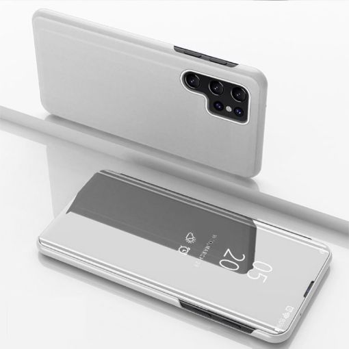 Samsung Galaxy S24 Ultra 5G Silver Mirror Flip Leather Case with Holder - 1