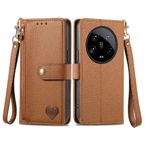 Xiaomi 14 Ultra Brown Leather Phone Case with Zipper Lanyard - 1