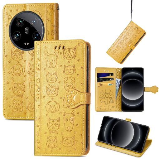 Xiaomi 14 Ultra Yellow Cat & Dog Embossed Leather Phone Case - 1