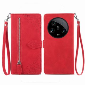 Xiaomi 14 Ultra Red Embossed Flower Zipper Leather Phone Case - 1