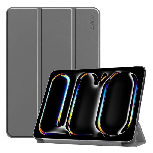 iPad Pro 13 2024 ENKAY Grey Tri-fold Leather Tablet Case - 1
