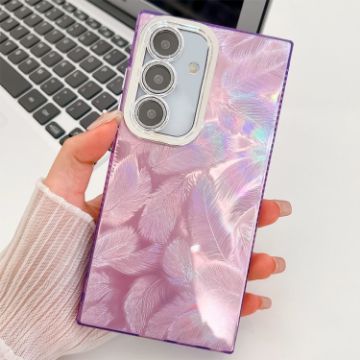 Samsung Galaxy A55 5G Glitter TPU Case with Lens Film - Purple Feathers - 1