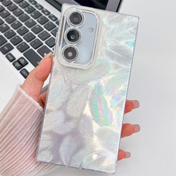 Samsung Galaxy S24+ 5G Glitter TPU Case with Lens Film - White Feathers - 1