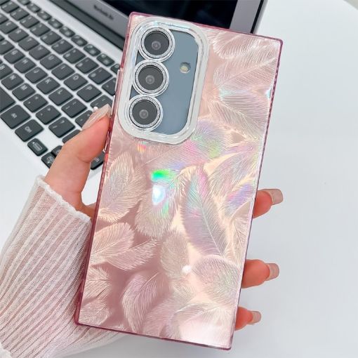 Samsung Galaxy S24 5G Pink Feathers Glitter TPU Case with Lens Film - 1