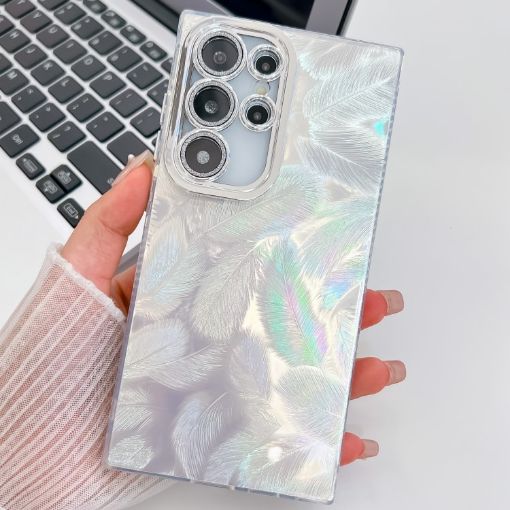 Samsung Galaxy S25 Ultra 5G Glitter TPU Case with Lens Film - White Feathers - 1