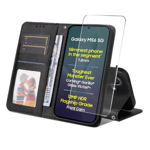 Samsung Galaxy M56 ENKAY Leather Wallet Case with Screen Film - Black - 1