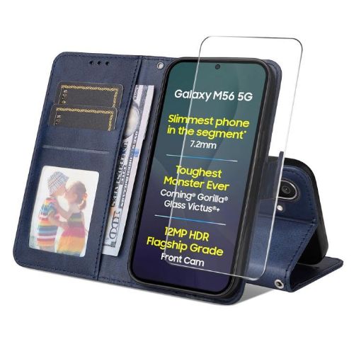 Samsung Galaxy M56 ENKAY Blue Leather Wallet Case with Screen Film - 1